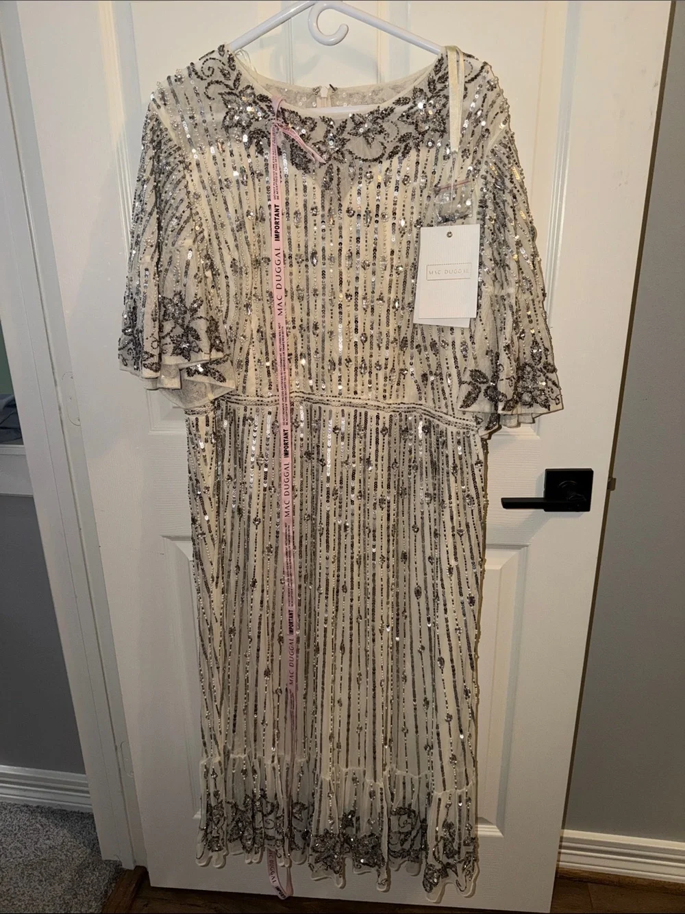 Mac Duggal Ivory Dress with Silver Sequin Embellishment